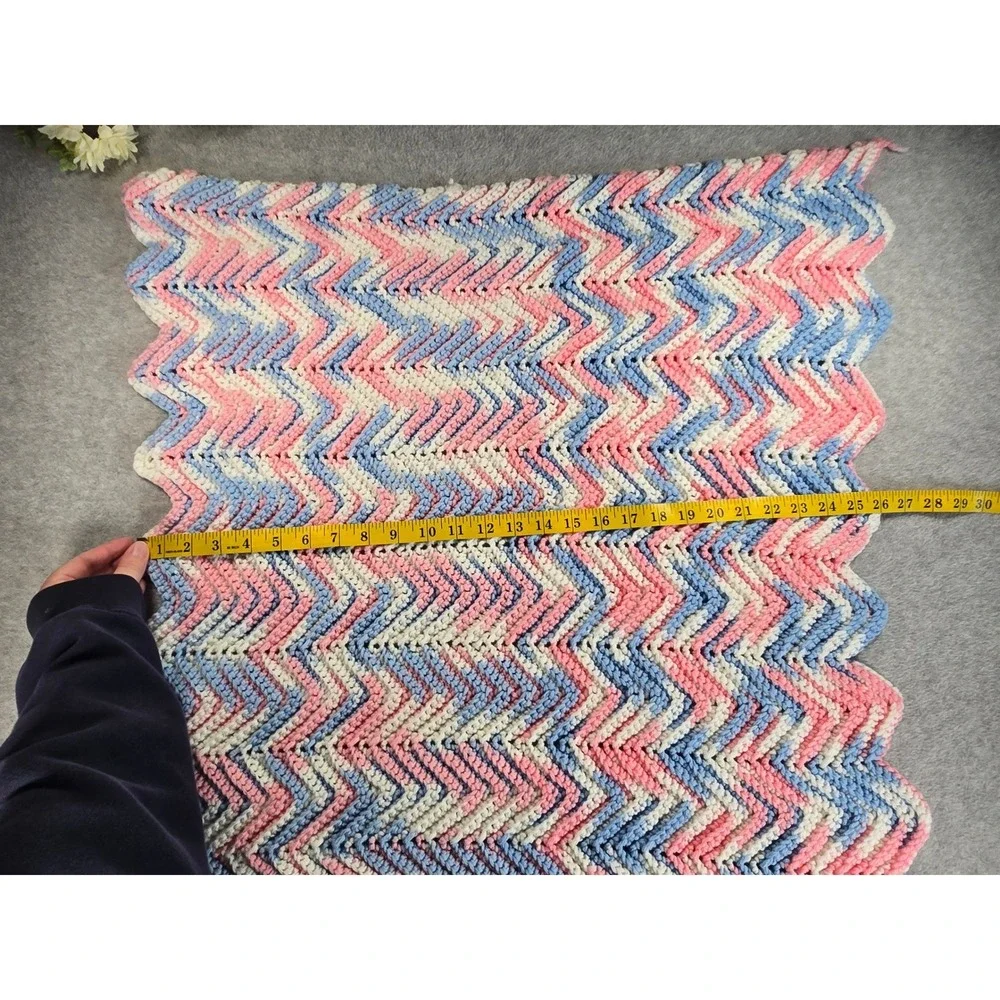 Vtg 90s Handmade Crochet Chevron Baby Blanket Pink Blue Tummy Time Afghan 26x29